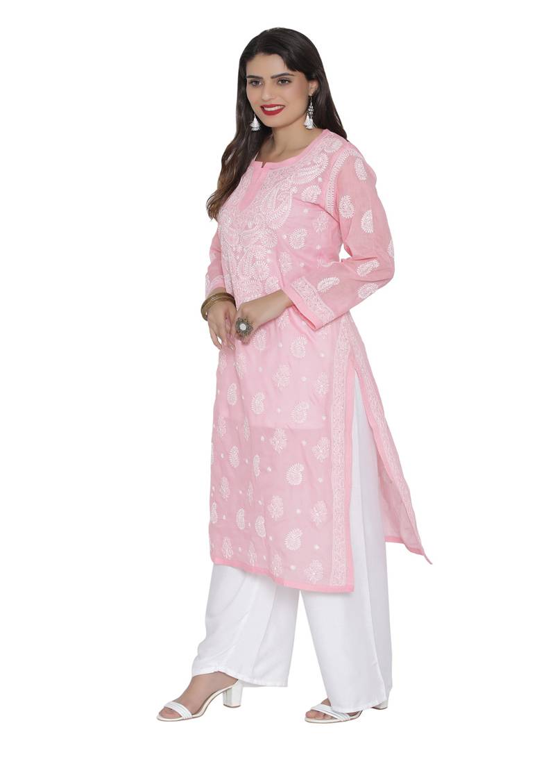 Ada Hand Embroidered Pink Cotton Chikankari Kurti