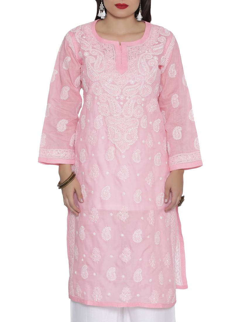 Ada Hand Embroidered Pink Cotton Chikankari Kurti