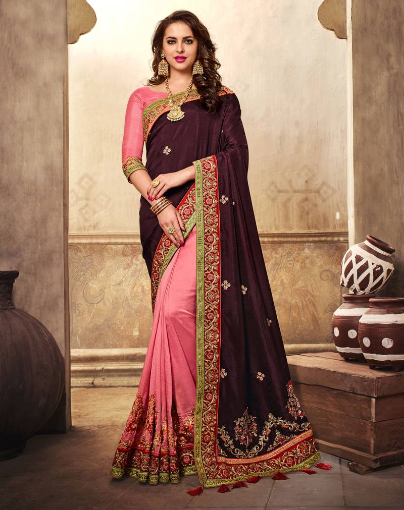 Purple And Peach Embroidered Georgette Saree With Blouse