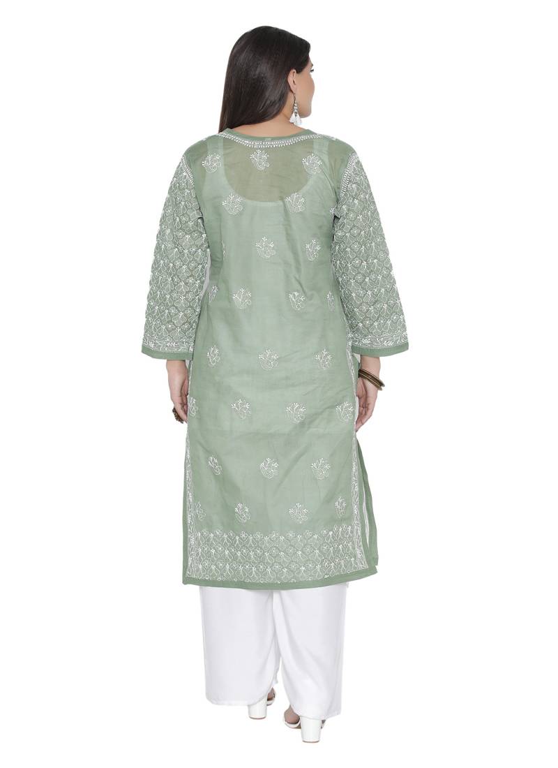 Ada Hand Embroidered Green Cotton Chikankari Kurti