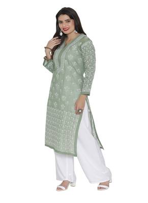 Ada Hand Embroidered Green Cotton Chikankari Kurti 1
