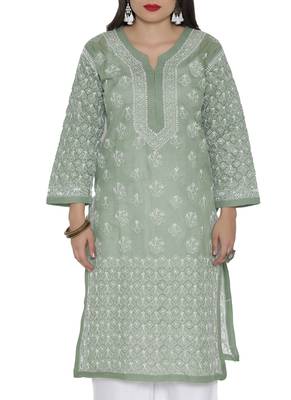 Ada Hand Embroidered Green Cotton Chikankari Kurti 3