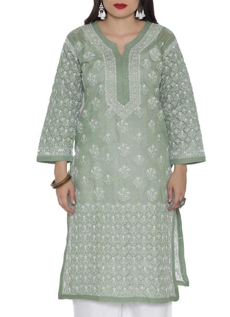 Ada Hand Embroidered Green Cotton Chikankari Kurti