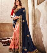 Navy Blue And Peach Embroidered Georgette Saree With Blouse