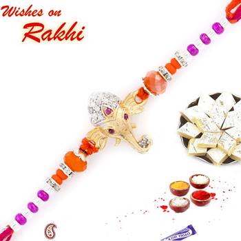 Orange  And  Purple Beads Ganesh Motif Rakhi 1