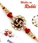 Red  And  Golden Beads Studded Swastik Motif Rakhi