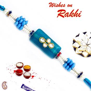 Rectangular Blue Base Kundan Studded Rakhi 1