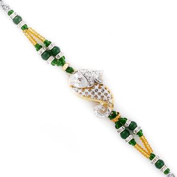 Green  And  Gold Beads Studded  And  Paisley Design Rakhi 1