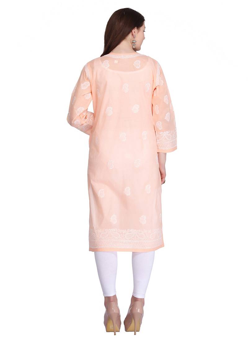 Ada Peach Cotton Chikankari Kurti