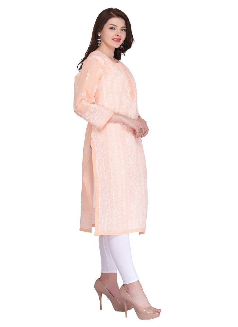 Ada Peach Cotton Chikankari Kurti