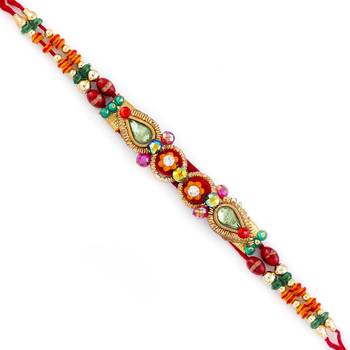 Multicolor Beads Studded Orange Floral Motif Rakhi 1