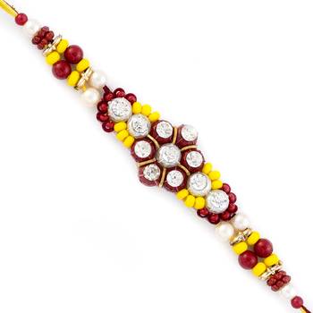 Yellow  And  Red Stones Beads Studded Floral Shape Rakhi 1