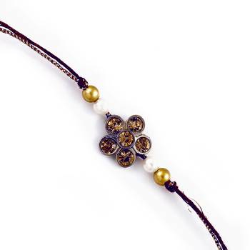 Double Raw Colour Stones And Gold Beads Floral Shape Jewel Rakhi 1