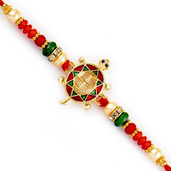 Multicolor Beads Swastik Motif Meenakari Rakhi 1