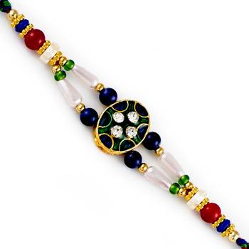 White Blue Beads  And  Ad Studded Meenakari Rakhi 1