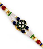 White Blue Beads  And  Ad Studded Meenakari Rakhi