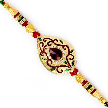 Multicolor Crystal Beads  And  Ad Studded Golden Base Rakhi 1
