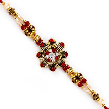 Red  And  White Crystal Beads Studded Floral Motif Rakhi 1