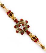 Red  And  White Crystal Beads Studded Floral Motif Rakhi