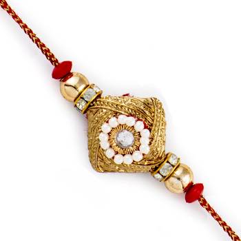 Golden  And  White Beads Studded Square Base Rakhi 1