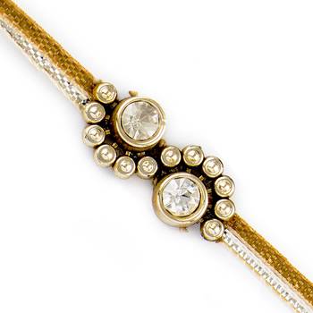 Spine Shape Golden Beads  And  Ad Studded Rakhi 1