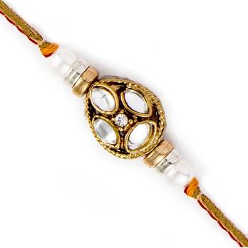 White Beads  And  Kundan Studded Brown Base Rakhi 1