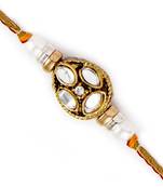 White Beads  And  Kundan Studded Brown Base Rakhi