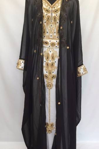 Jacket Black Inner Cream Georgette Embroidered Stitched Islamic Kaftan