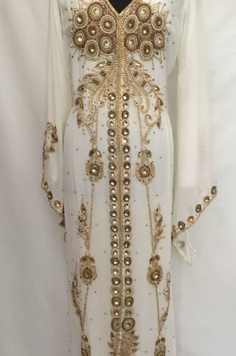 Cream Georgette Embroidered Stitched Islamic Kaftan