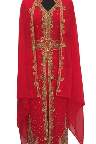 Red Georgette Embroidered Stitched Islamic Kaftan