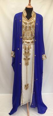 Jacket Royal Blue Inner Cream Georgette Embroidered Stitched Islamic Kaftan 1
