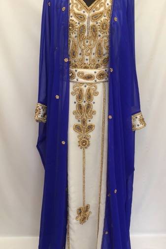 Jacket Royal Blue Inner Cream Georgette Embroidered Stitched Islamic Kaftan