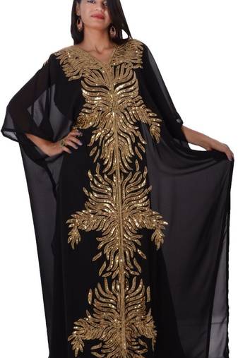 Black Georgette Embroidered Stitched Islamic Kaftan
