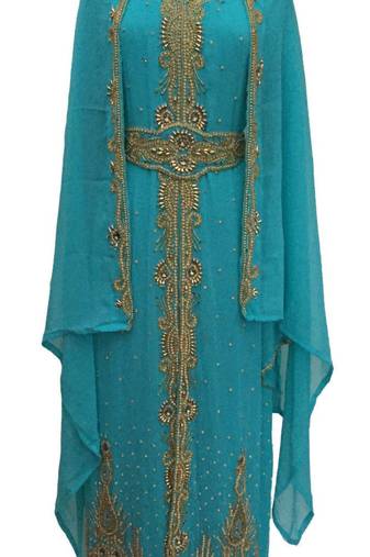 Blue Georgette Embroidered Stitched Islamic Kaftan