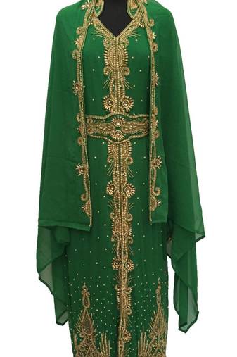 Bottle Green Georgette Embroidered Stitched Islamic Kaftan