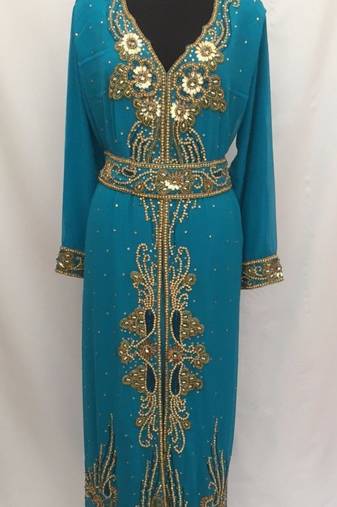 Green Georgette Embroidered Stitched Islamic Kaftan