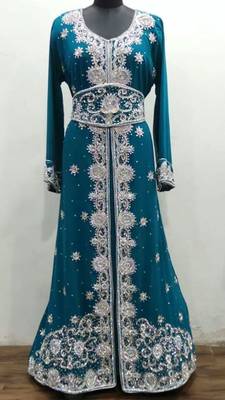 Green Georgette Embroidered Stitched Islamic Kaftan 1