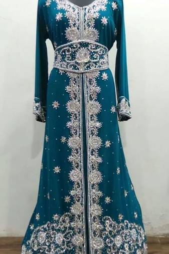 Green Georgette Embroidered Stitched Islamic Kaftan
