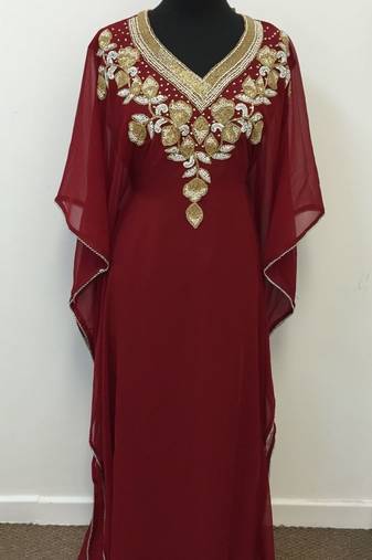 Maroon Georgette Embroidered Stitched Islamic Kaftan