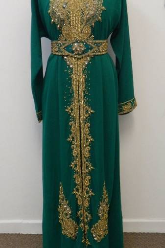 Green Georgette Embroidered Stitched Islamic Kaftan