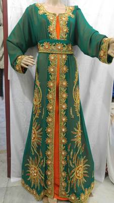 Jacket Bottle Green Inner Orange Georgette Embroidered Stitched Islamic Kaftan 1