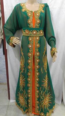 Jacket Bottle Green Inner Orange Georgette Embroidered Stitched Islamic Kaftan 2