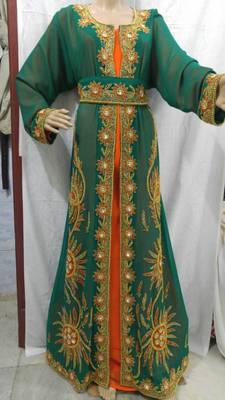 Jacket Bottle Green Inner Orange Georgette Embroidered Stitched Islamic Kaftan 3
