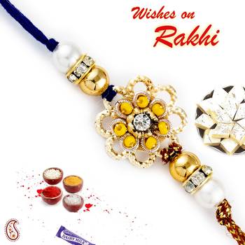Yellow Beads  And  Ad Embellished Floral Motif Rakhi 1