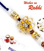 Yellow Beads  And  Ad Embellished Floral Motif Rakhi
