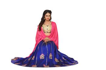Blue Embroidered Silk Unstitched Lehenga 5
