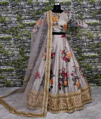 Beautiful Grey Colored Floral Print Partywear Designer Embroidered Art Silk Lehenga Choli Dupatta Set 2
