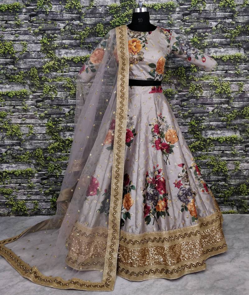 Beautiful Grey Colored Floral Print Partywear Designer Embroidered Art Silk Lehenga Choli Dupatta Set