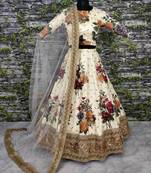 Off-White  Colored Floral Print Party Wear Designer Embroidered Art Silk Lehenga Choli Set