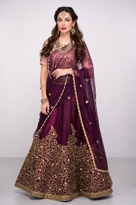 Purple Embroidered Silk Semi Stitched Lehenga 1